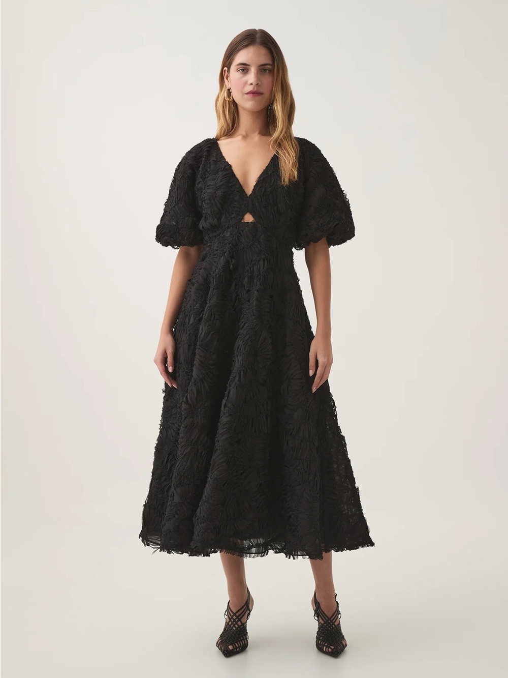 Aje Black Textured V-Neck Midi Dress with Puff Sleeves